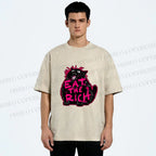 Unisex Screaming Black Cat Eat the Rich Printed Washed Tee