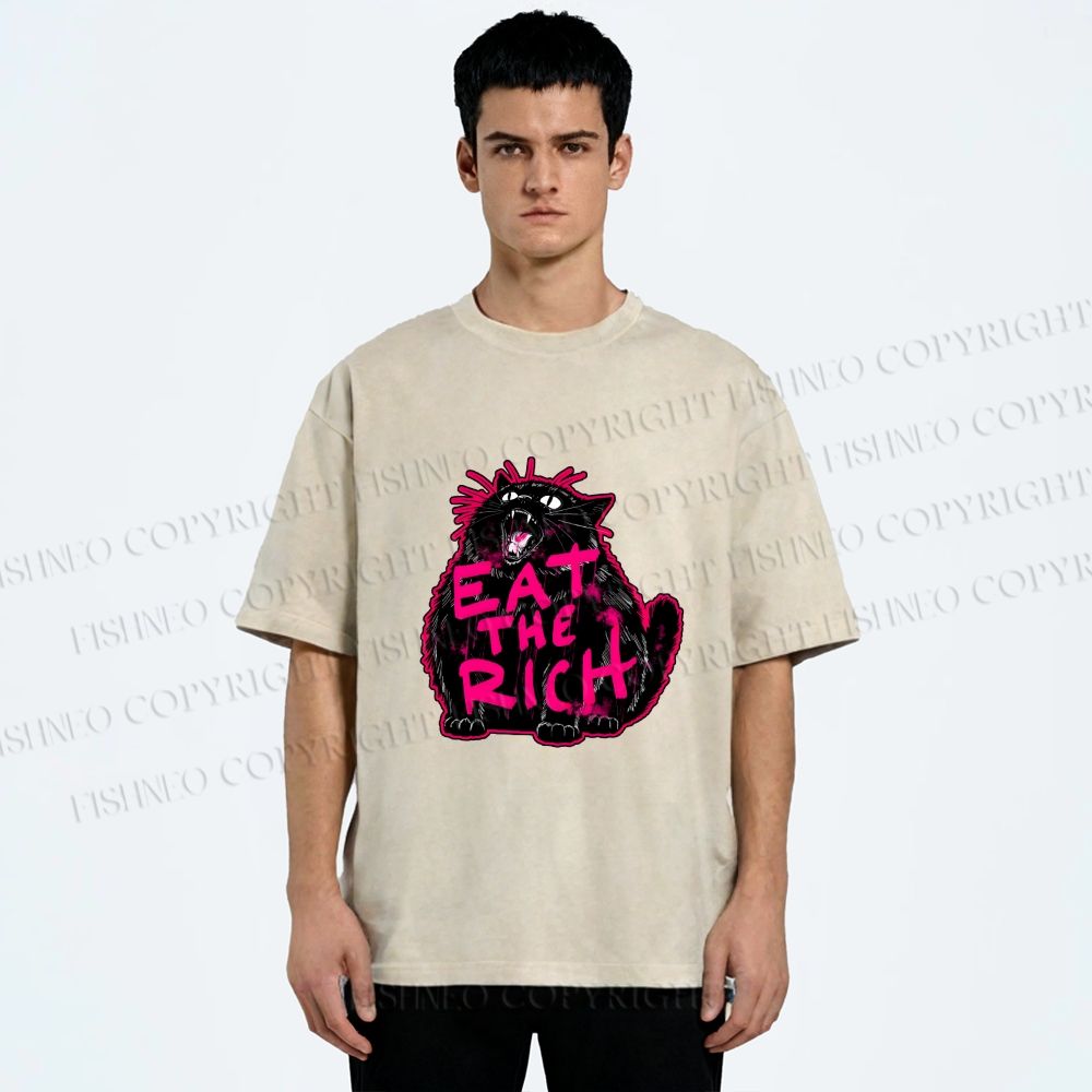 Unisex Screaming Black Cat Eat the Rich Printed Washed Tee