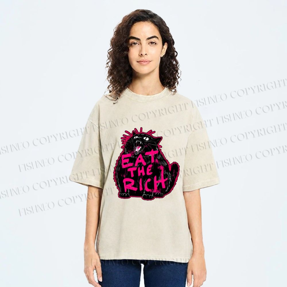 Unisex Screaming Black Cat Eat the Rich Printed Washed Tee