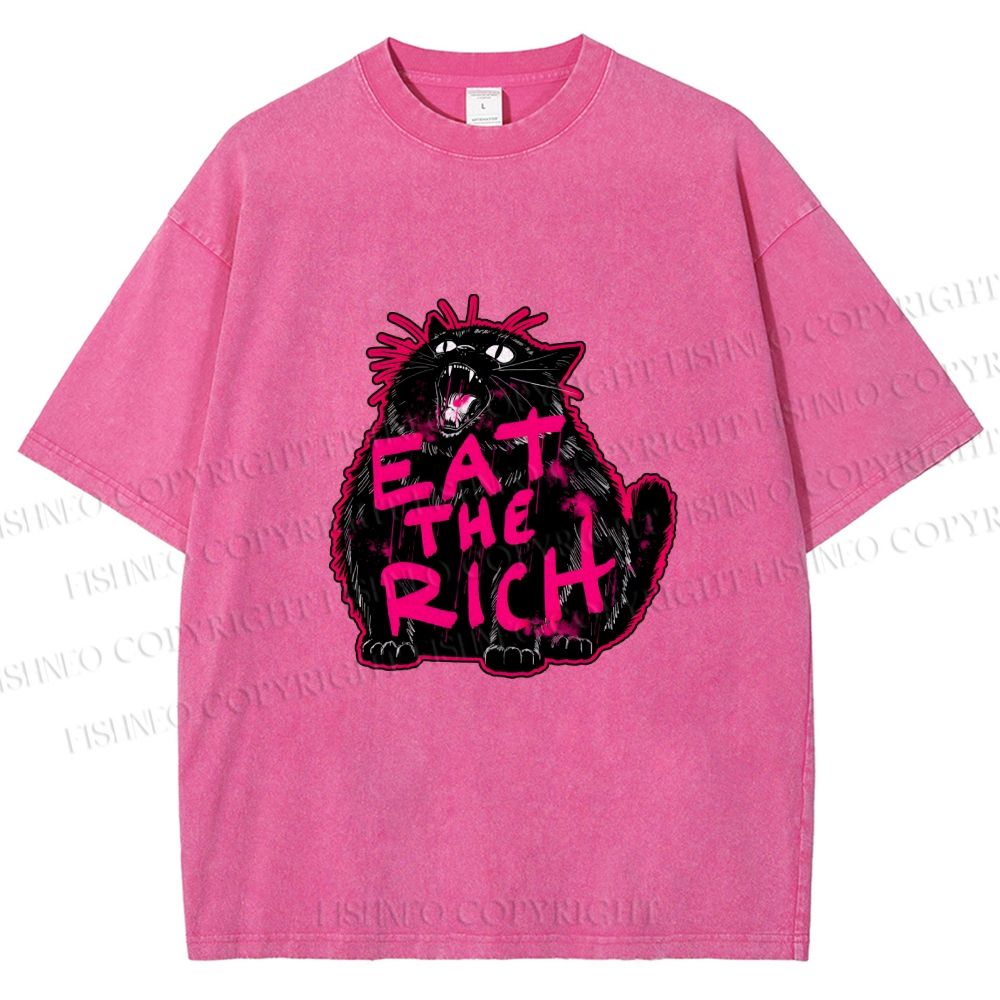 Unisex Screaming Black Cat Eat the Rich Printed Washed Tee