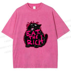 Unisex Screaming Black Cat Eat the Rich Printed Washed Tee