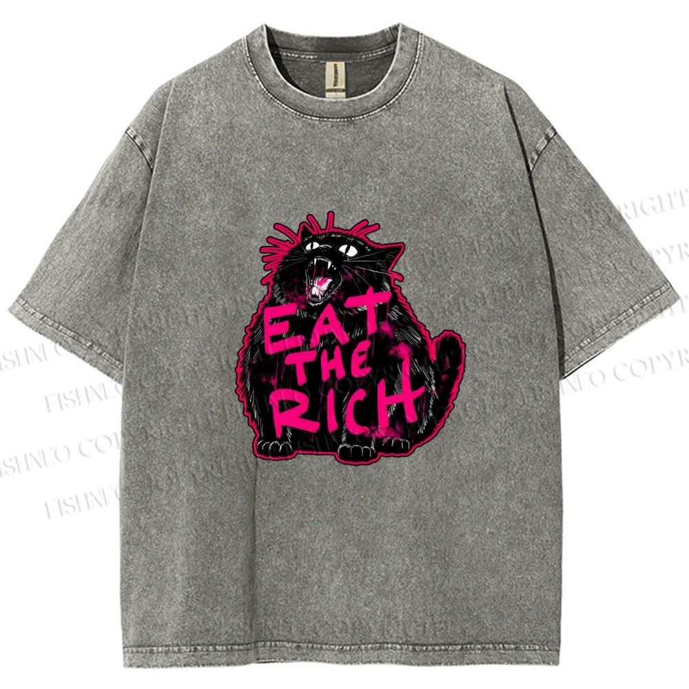 Unisex Screaming Black Cat Eat the Rich Printed Washed Tee