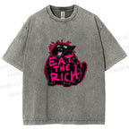 Unisex Screaming Black Cat Eat the Rich Printed Washed Tee