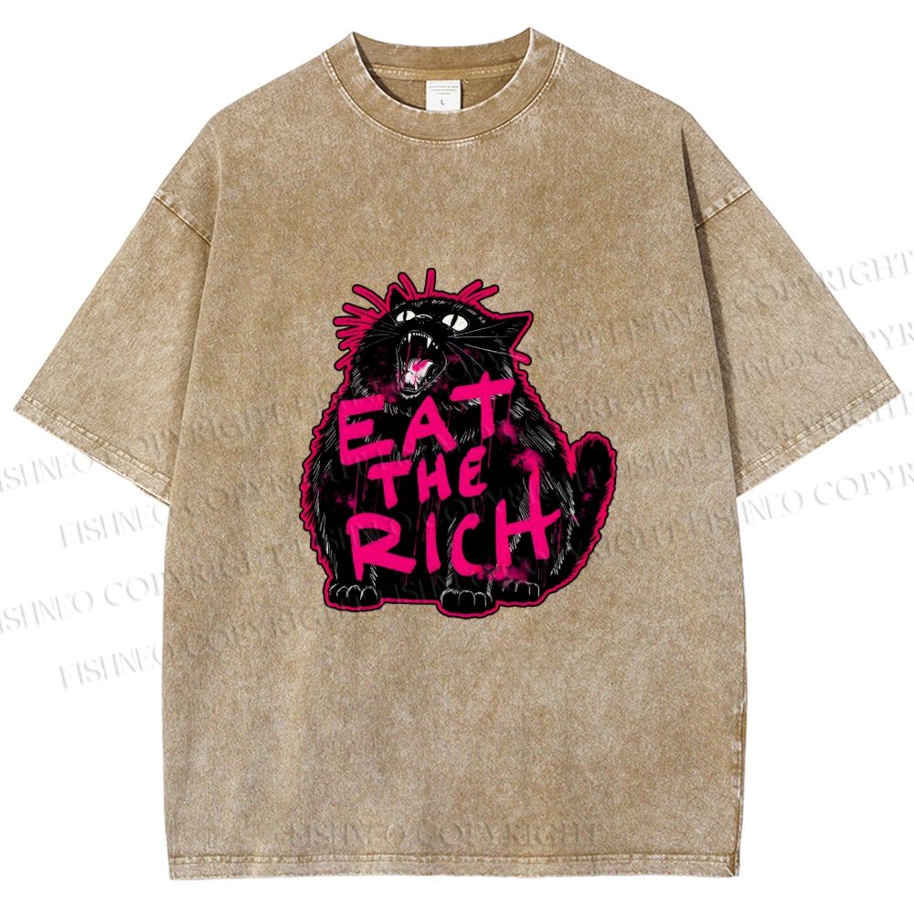 Unisex Screaming Black Cat Eat the Rich Printed Washed Tee