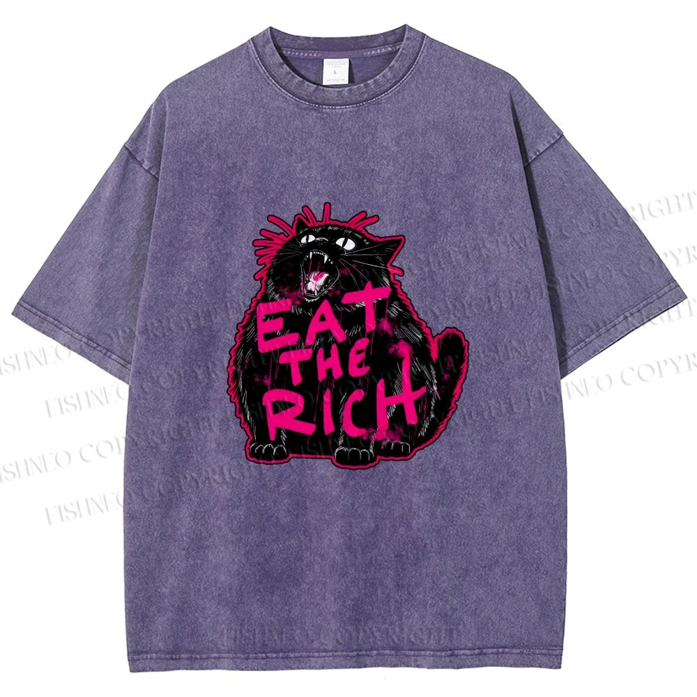 Unisex Screaming Black Cat Eat the Rich Printed Washed Tee