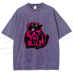 Unisex Screaming Black Cat Eat the Rich Printed Washed Tee
