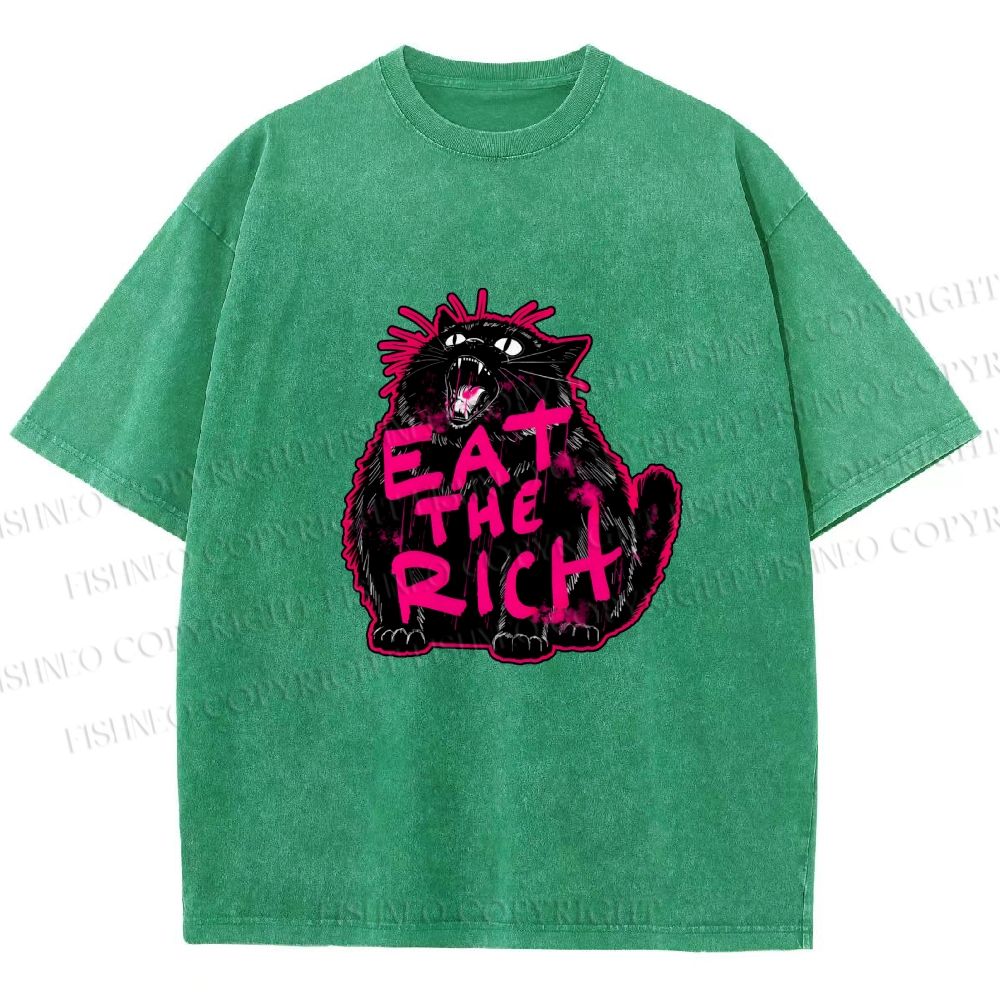 Unisex Screaming Black Cat Eat the Rich Printed Washed Tee
