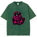 Unisex Screaming Black Cat Eat the Rich Printed Washed Tee