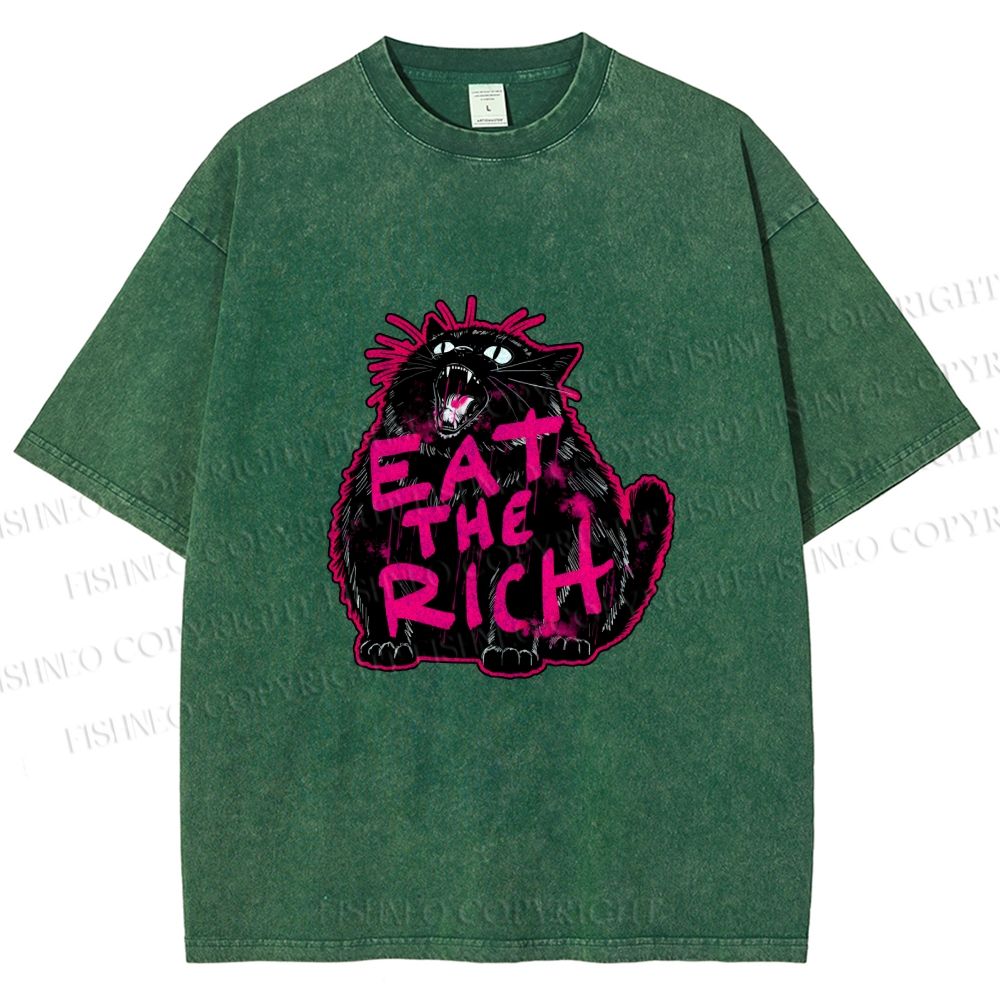 Unisex Screaming Black Cat Eat the Rich Printed Washed Tee
