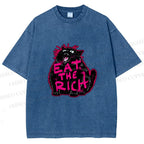 Unisex Screaming Black Cat Eat the Rich Printed Washed Tee