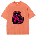Unisex Screaming Black Cat Eat the Rich Printed Washed Tee
