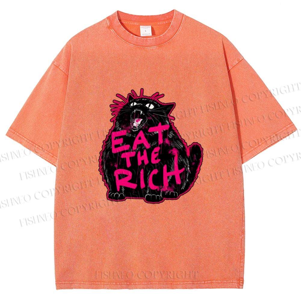 Unisex Screaming Black Cat Eat the Rich Printed Washed Tee