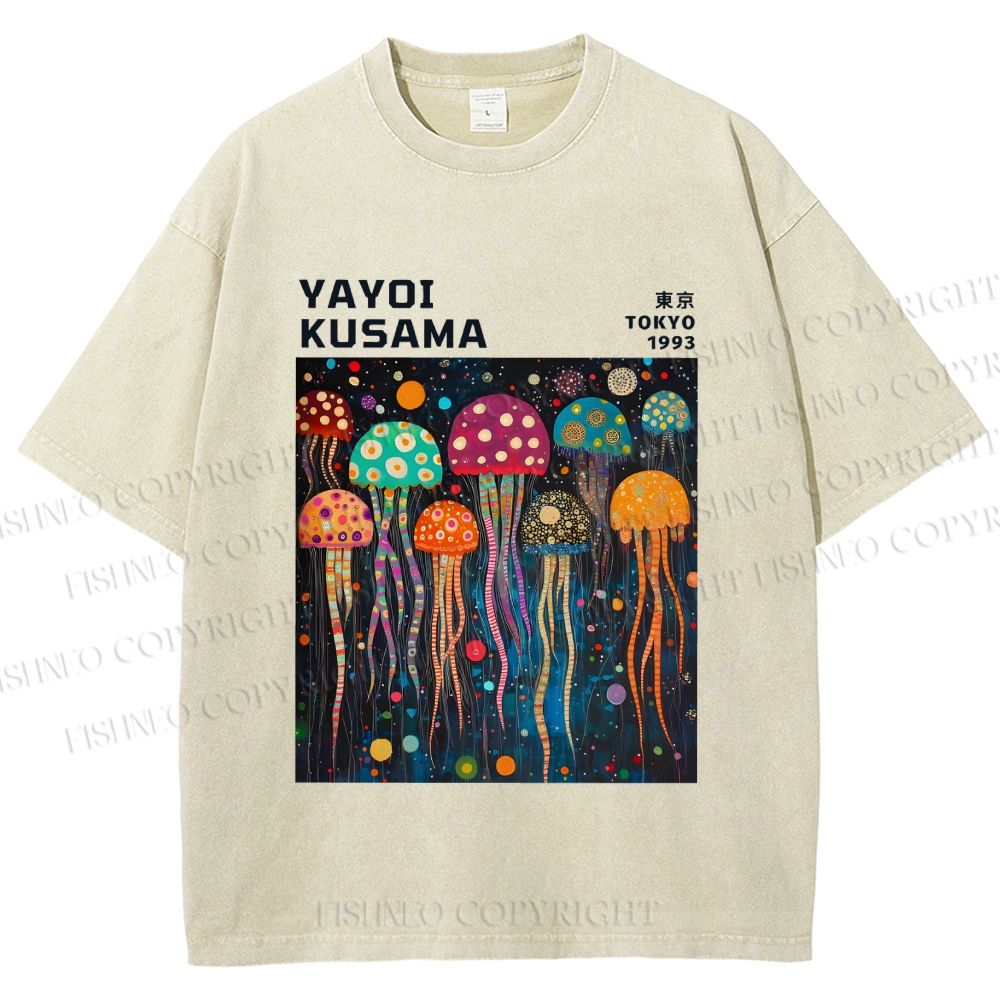 Unisex Yayoi Kusama Multicolor Jellyfish Printed Washed Tee