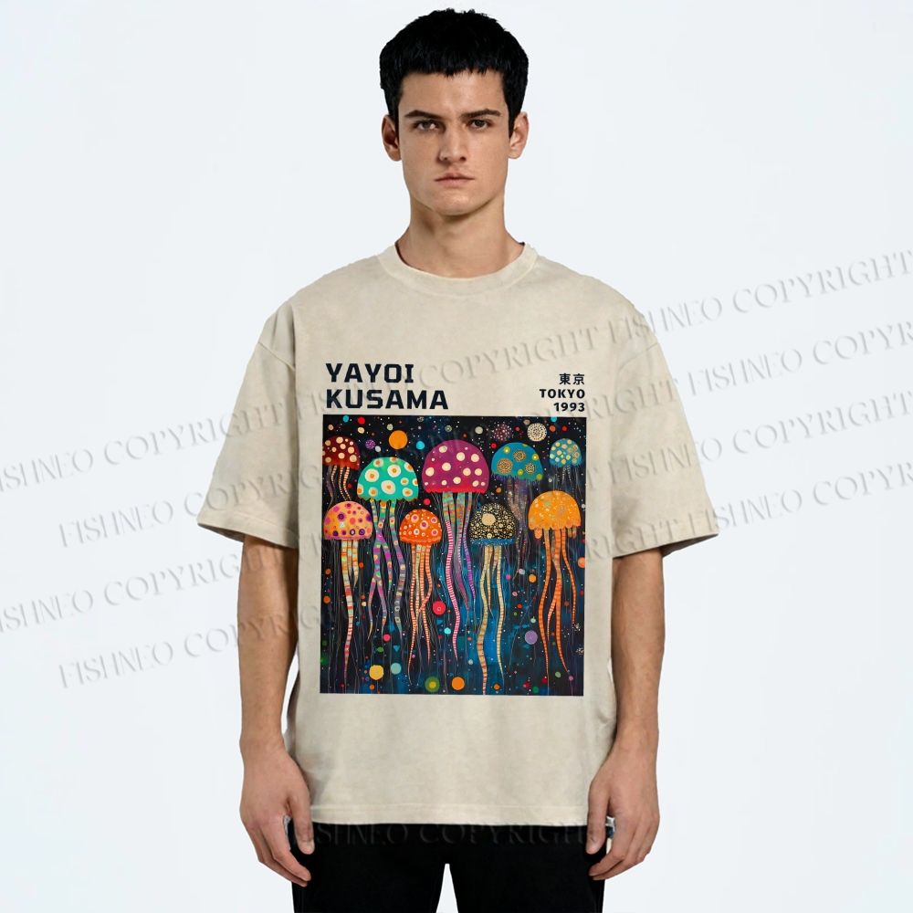 Unisex Yayoi Kusama Multicolor Jellyfish Printed Washed Tee