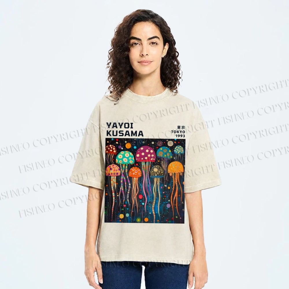 Unisex Yayoi Kusama Multicolor Jellyfish Printed Washed Tee