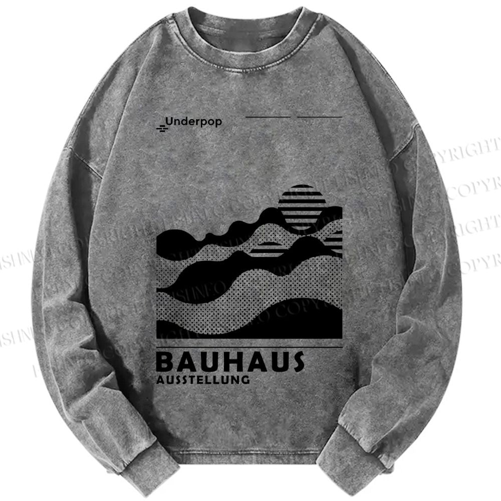 Unisex Casual Washed Bauhaus Sunrise Printed Long Sleeve T-shirt