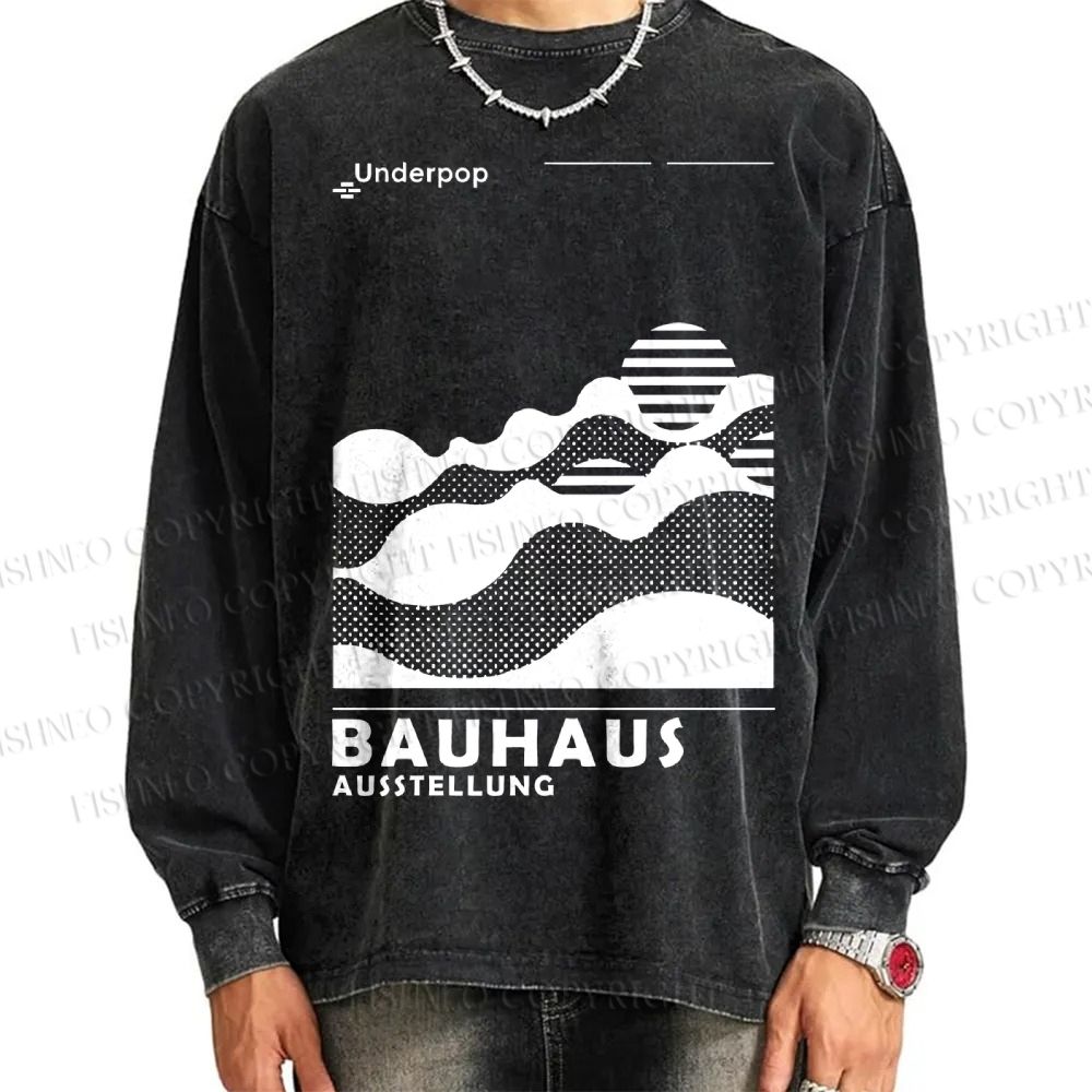Unisex Casual Washed Bauhaus Sunrise Printed Long Sleeve T-shirt
