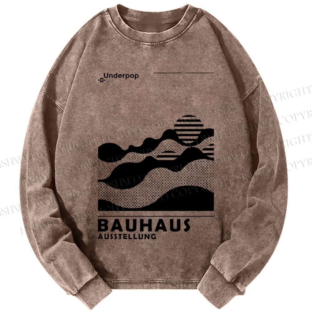 Unisex Casual Washed Bauhaus Sunrise Printed Long Sleeve T-shirt