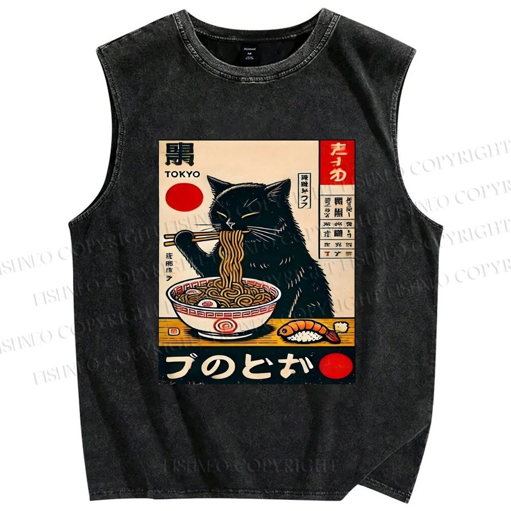 Unisex Ramen Cat Printed Washed Tank Top