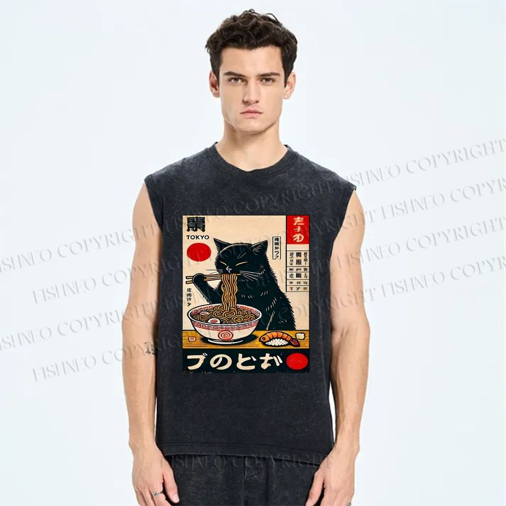 Unisex Ramen Cat Printed Washed Tank Top