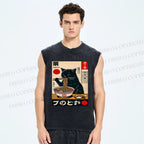 Unisex Ramen Cat Printed Washed Tank Top