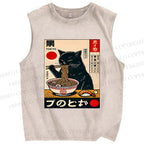 Unisex Ramen Cat Printed Washed Tank Top
