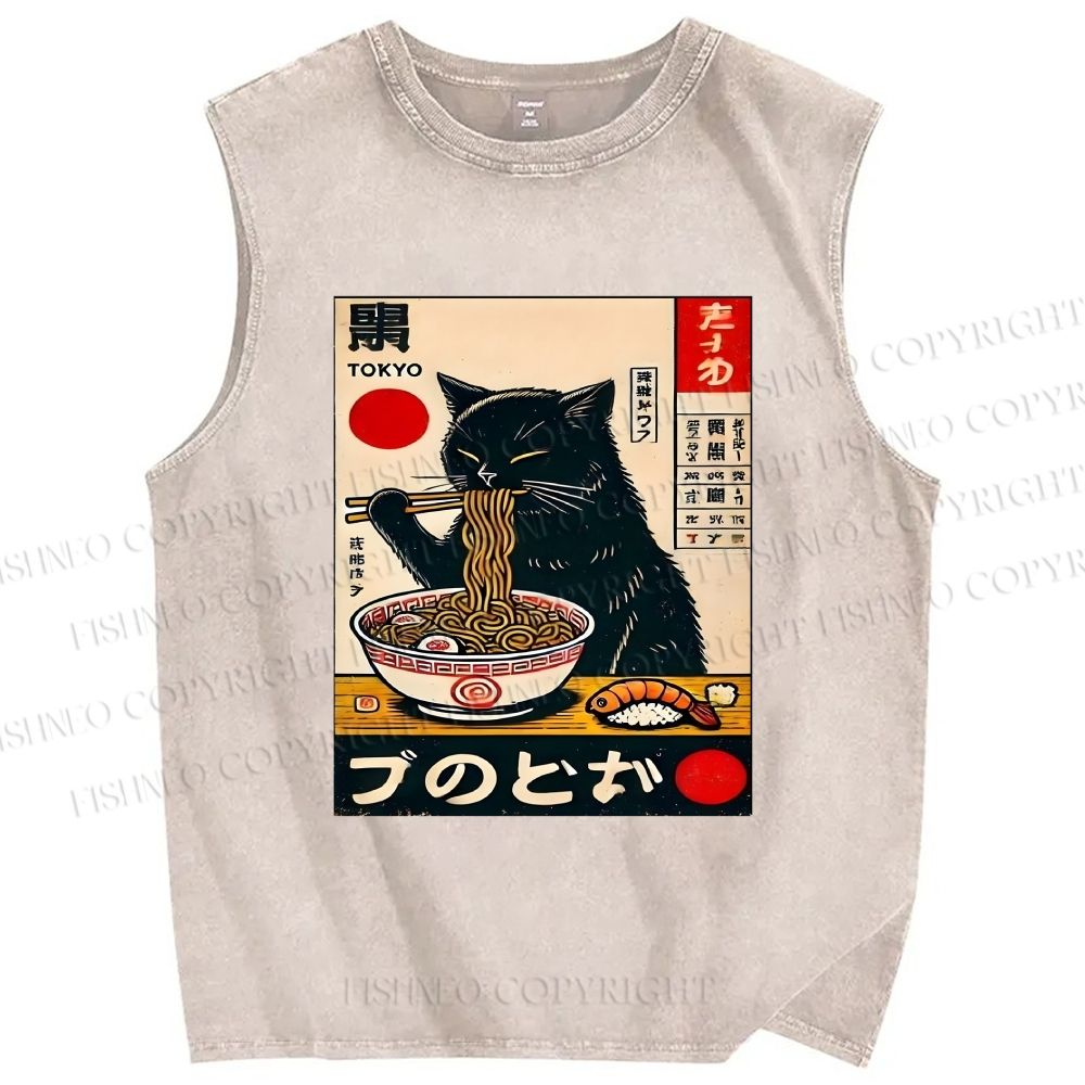 Unisex Ramen Cat Printed Washed Tank Top