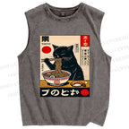 Unisex Ramen Cat Printed Washed Tank Top