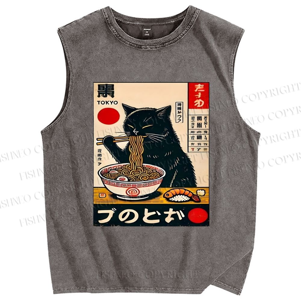 Unisex Ramen Cat Printed Washed Tank Top