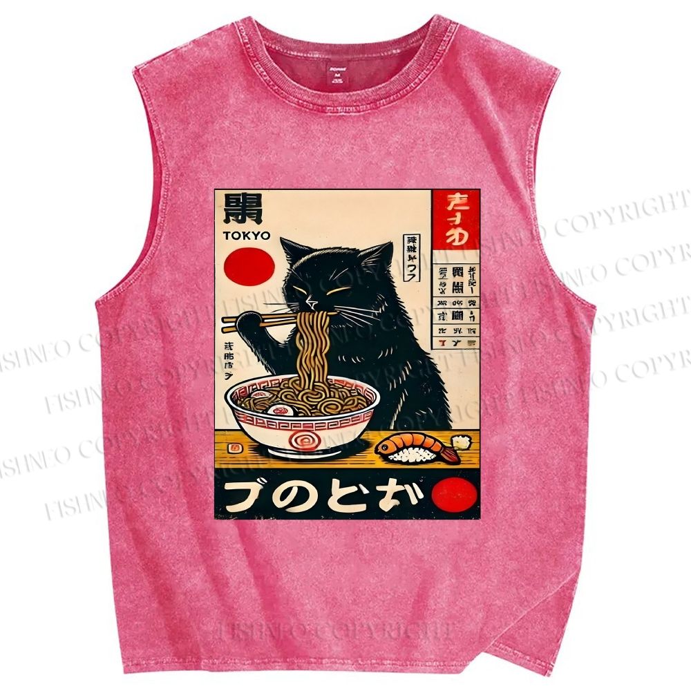 Unisex Ramen Cat Printed Washed Tank Top