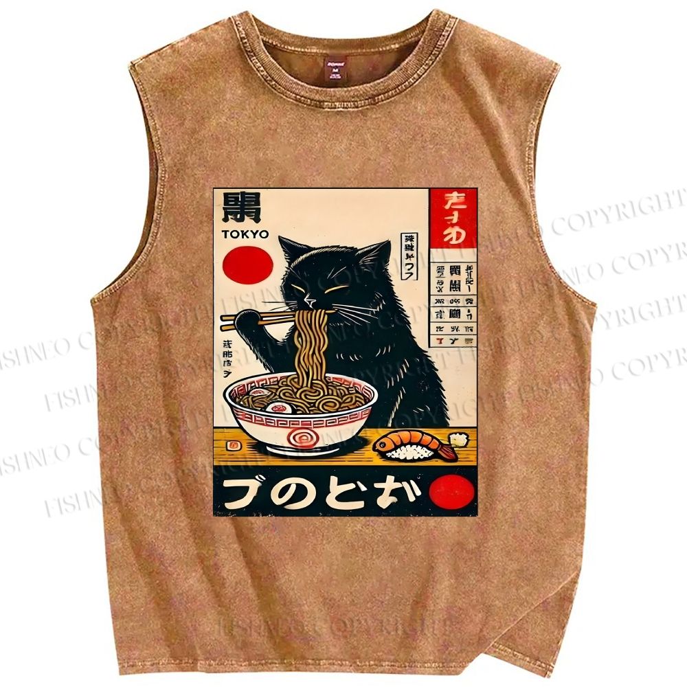 Unisex Ramen Cat Printed Washed Tank Top