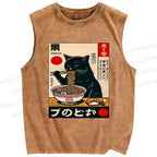 Unisex Ramen Cat Printed Washed Tank Top