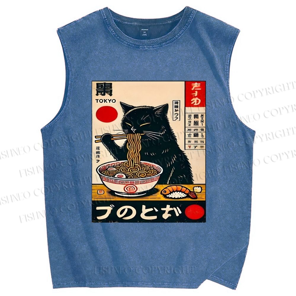Unisex Ramen Cat Printed Washed Tank Top