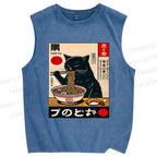 Unisex Ramen Cat Printed Washed Tank Top