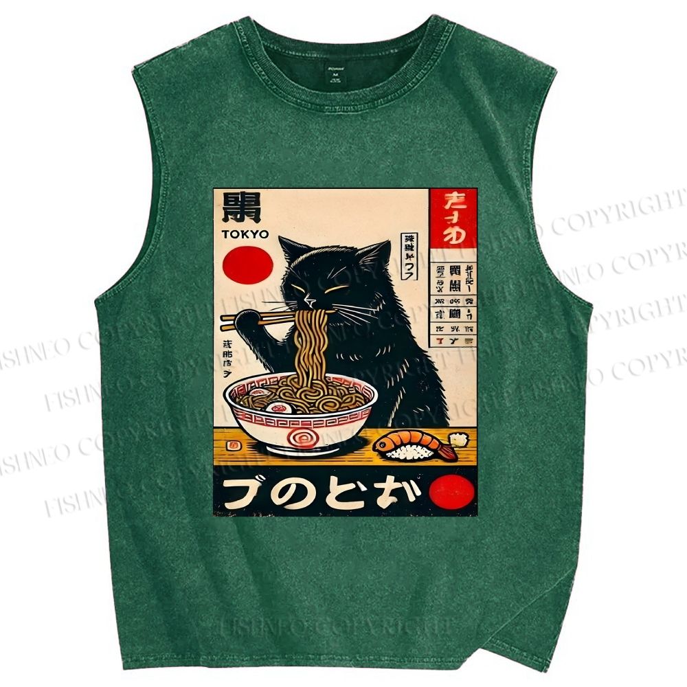 Unisex Ramen Cat Printed Washed Tank Top