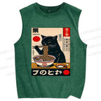 Unisex Ramen Cat Printed Washed Tank Top