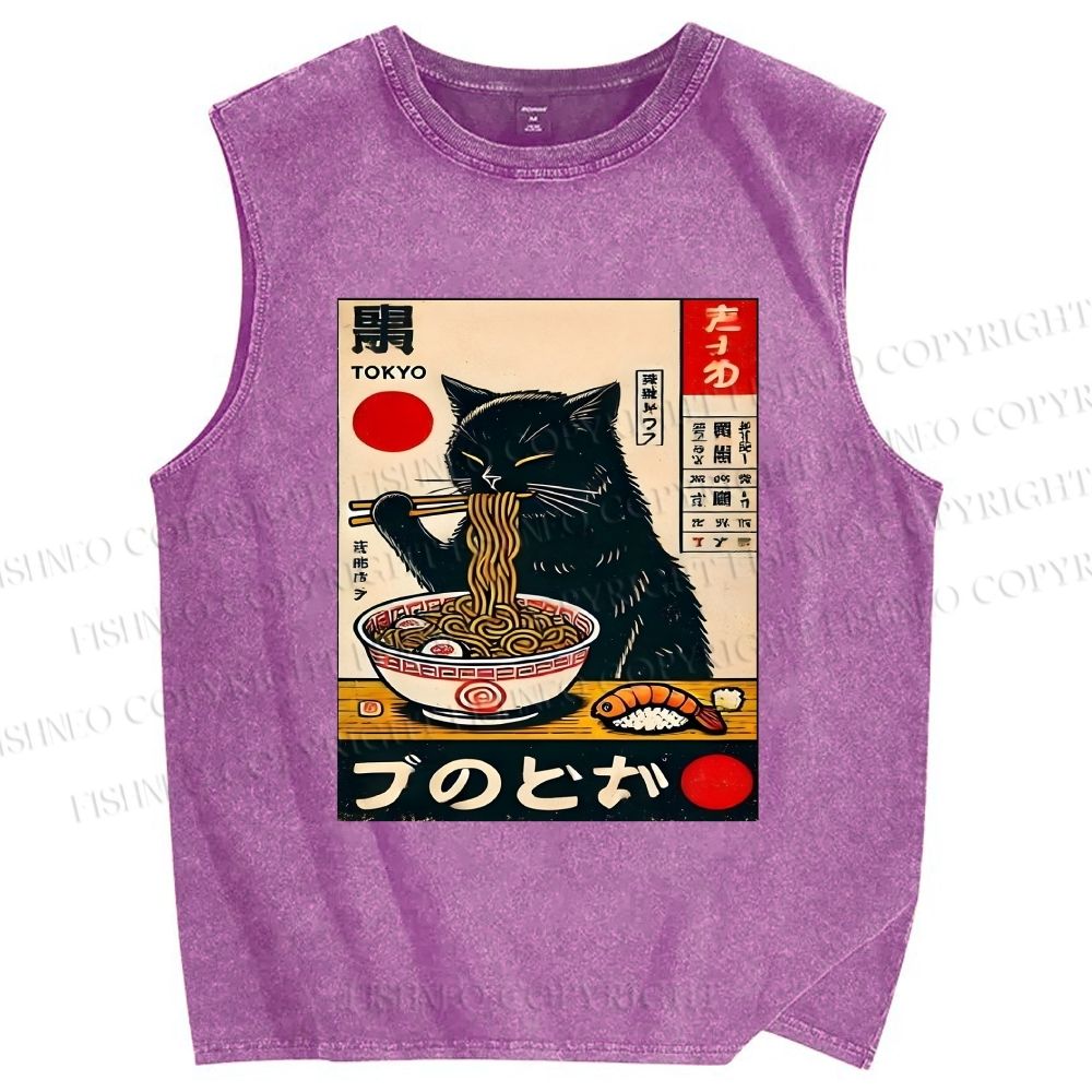 Unisex Ramen Cat Printed Washed Tank Top