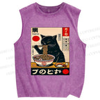 Unisex Ramen Cat Printed Washed Tank Top