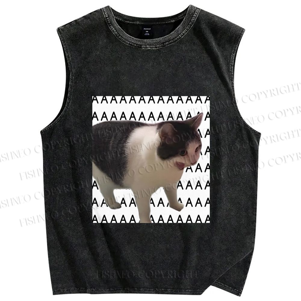 Unisex Funny Cat Screaming Meme Printed Washed Tank Top