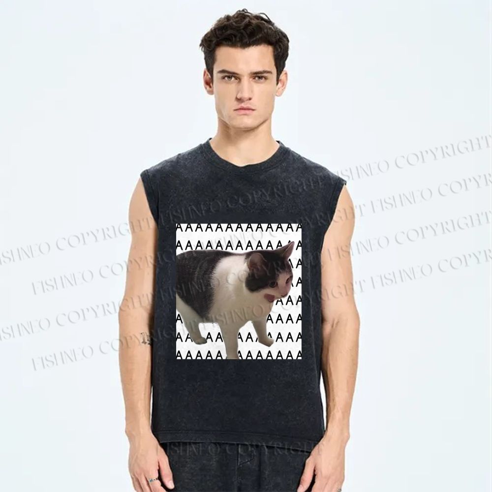 Unisex Funny Cat Screaming Meme Printed Washed Tank Top