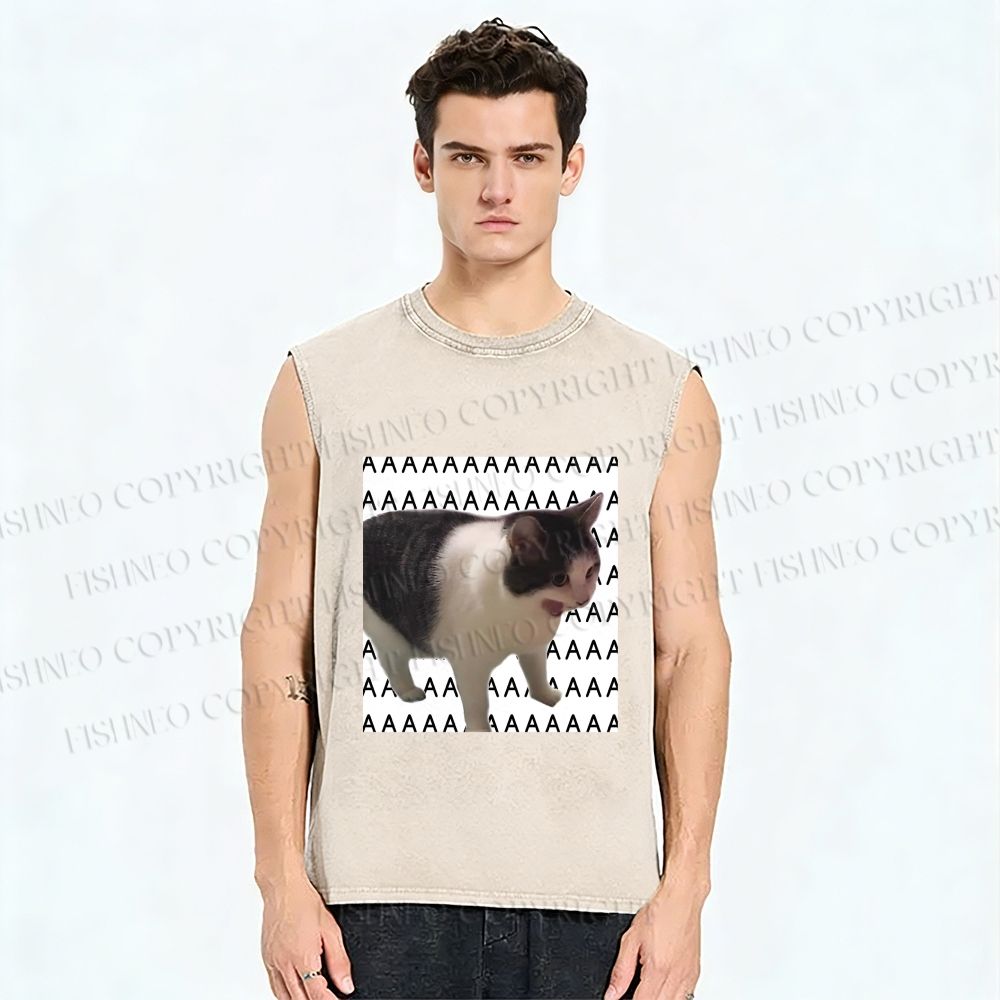 Unisex Funny Cat Screaming Meme Printed Washed Tank Top