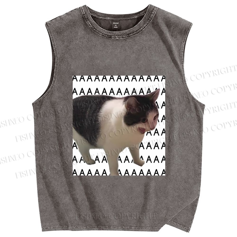 Unisex Funny Cat Screaming Meme Printed Washed Tank Top