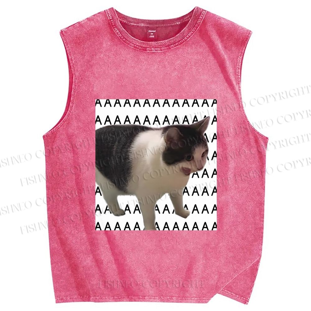 Unisex Funny Cat Screaming Meme Printed Washed Tank Top