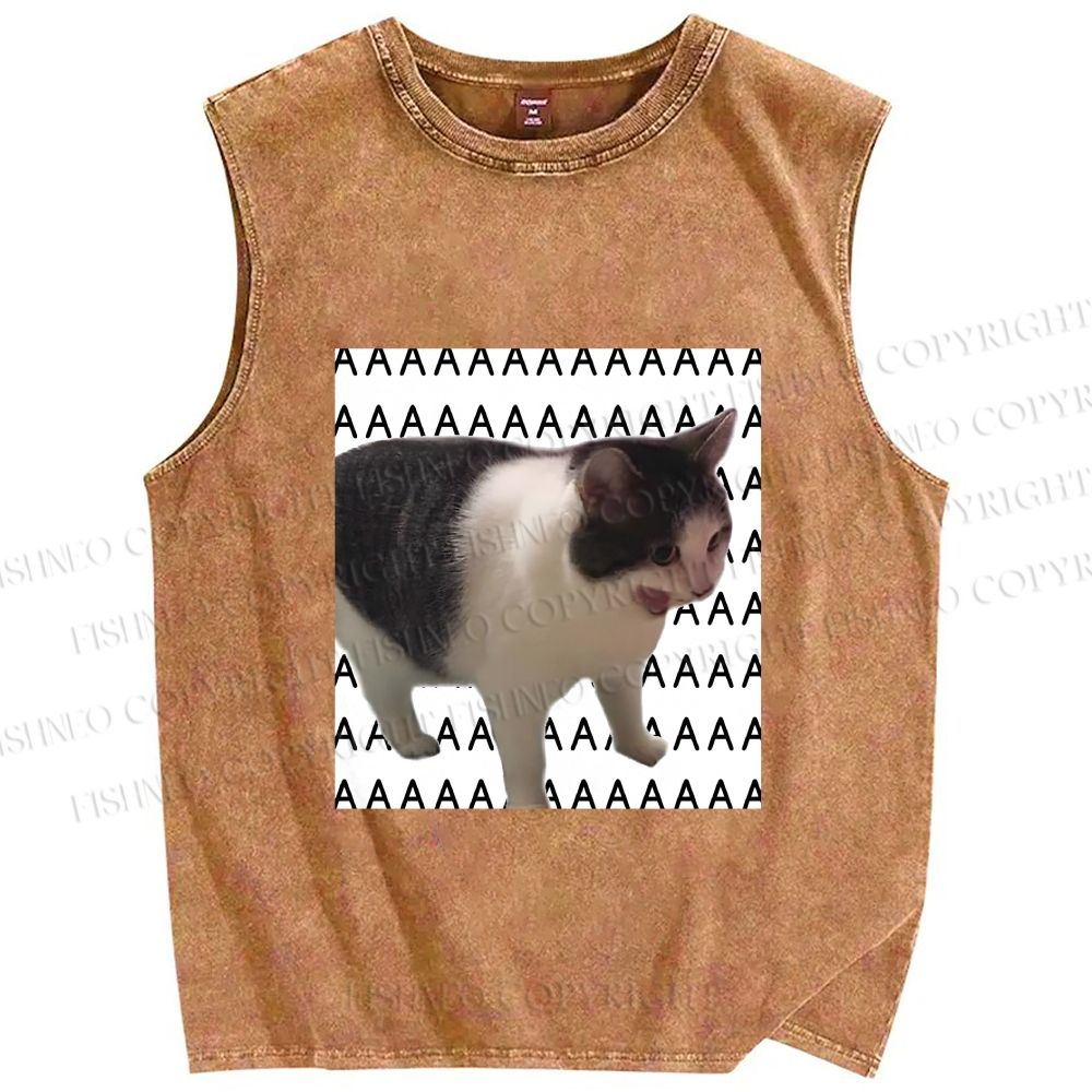 Unisex Funny Cat Screaming Meme Printed Washed Tank Top