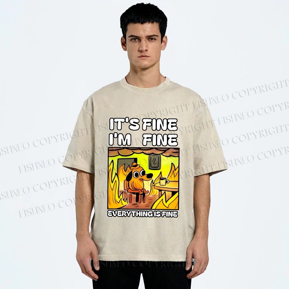 Unisex House is Burning But Everything's Fine Funny Dog Printed Washed Tee