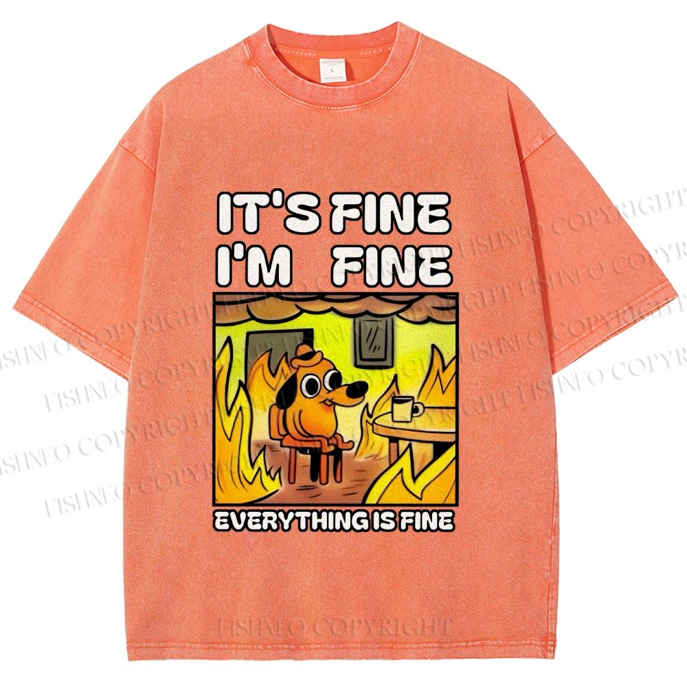 Unisex House is Burning But Everything's Fine Funny Dog Printed Washed Tee