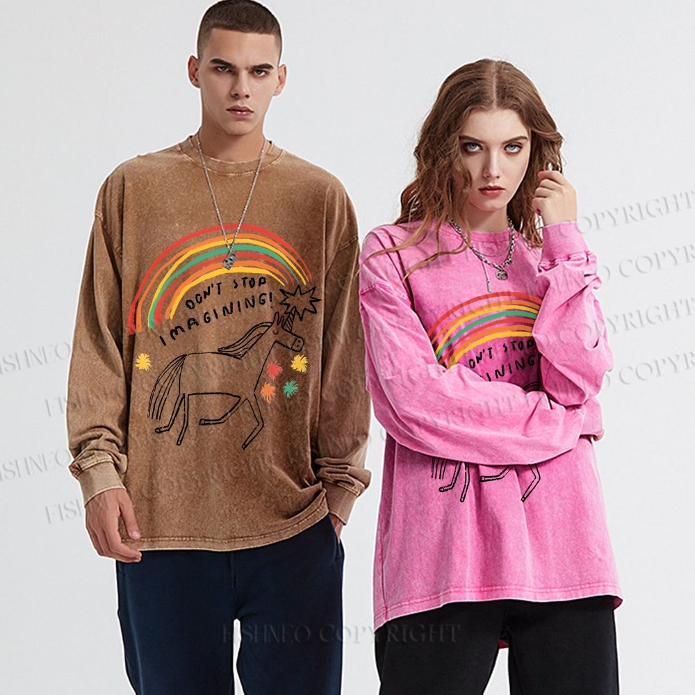 Unisex Casual Washed Imagining Unicorn Printed Long Sleeve T-shirt