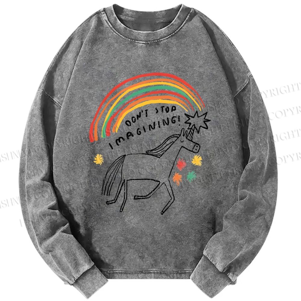 Unisex Casual Washed Imagining Unicorn Printed Long Sleeve T-shirt