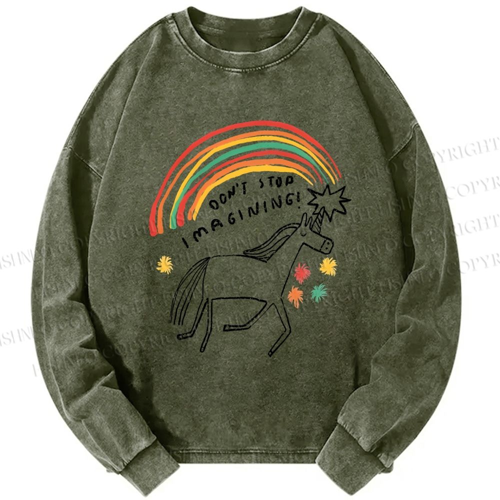 Unisex Casual Washed Imagining Unicorn Printed Long Sleeve T-shirt