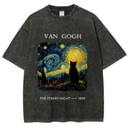 Van Gogh Starry Night Cat Silhouette Vintage Washed T-Shirt
